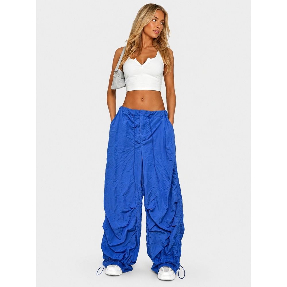 Jolie & Joy Blue Parachute Pants Baggy Ruched Drawstring Y2K Gorpcore L NWT New
